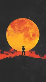 Silhouetted warrior against oversized lunar disc at dusk.