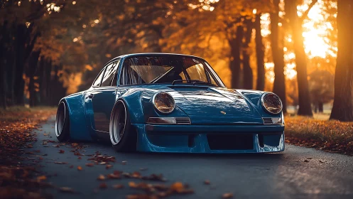Lowered blue classic sports car glows in autumn sunlight.