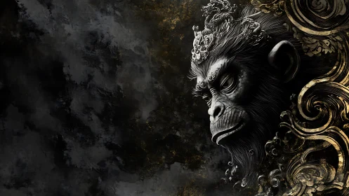Regal monkey spirit emerging from swirling golden shadows.