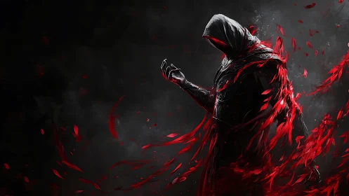 Hooded shadow conducts a storm of burning crimson shreds