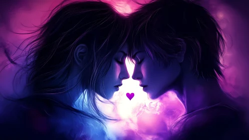 Two faces in profile with glowing heart symbol between them