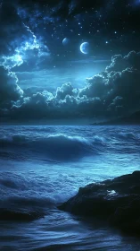 Lunar-lit ocean waves under twin moons and stellar sky.