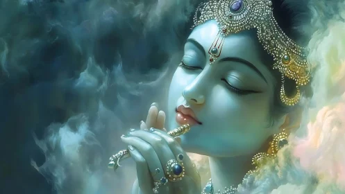 Gentle celestial musician rests in jeweled, cloudlit calm