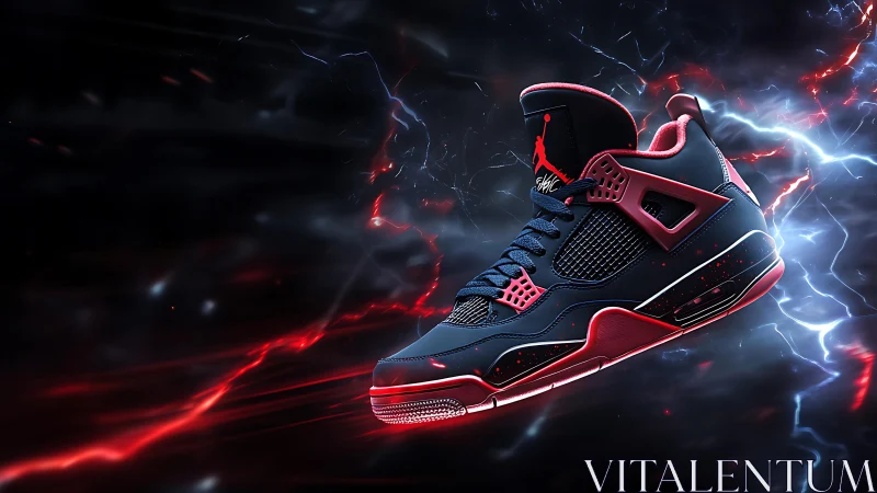 Electric blue and red basketball sneaker in motion display.