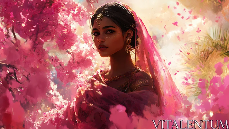 Digital portrait of veiled woman amid luminous pink blossoms