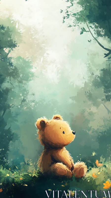 Softly lit teddy bear sits in painterly forest clearing
