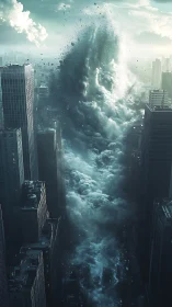 Towering tidal wave surges dramatically through a modern city