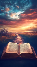 Illuminated open book guiding path into glowing sunset sky.
