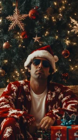 Cool Santa in pajamas chills beneath glowing Christmas tree.