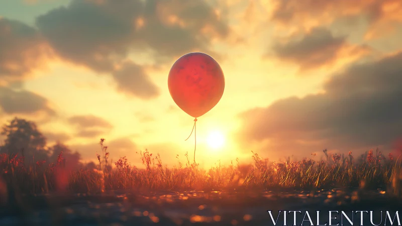Red balloon over field against low sun at sunset.
