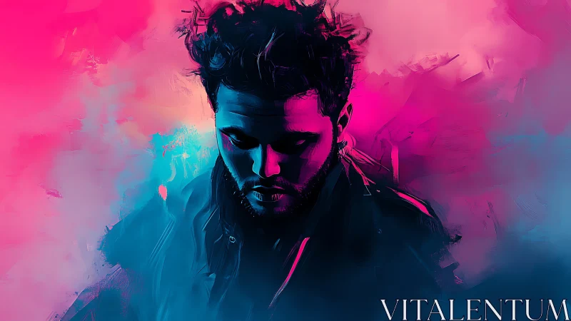 Moody neon portrait glows in vibrant pink and cyan haze