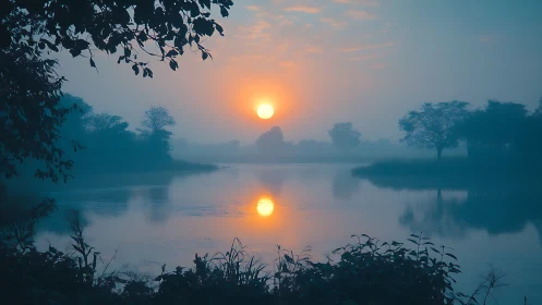 Soft morning sun rises gently over a misty lakeside