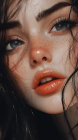 Hyperreal close-up portrait with freckled skin and glossed lips.