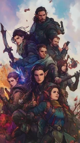 Elven adventuring party in dynamic vertical fantasy tableau.