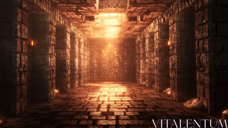 Volumetric sunlight in modular stone dungeon corridor.