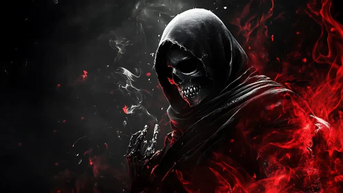 Hooded skeletal figure surrounded by red flames and smoke.
