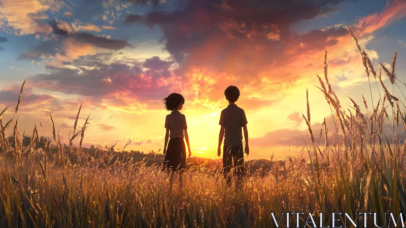 Children silhouetted in golden wheat beneath blazing sunset.