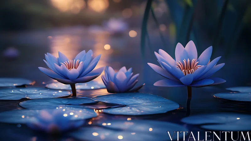 Digital painting of nocturne waterlilies with cinematic bokeh focus.