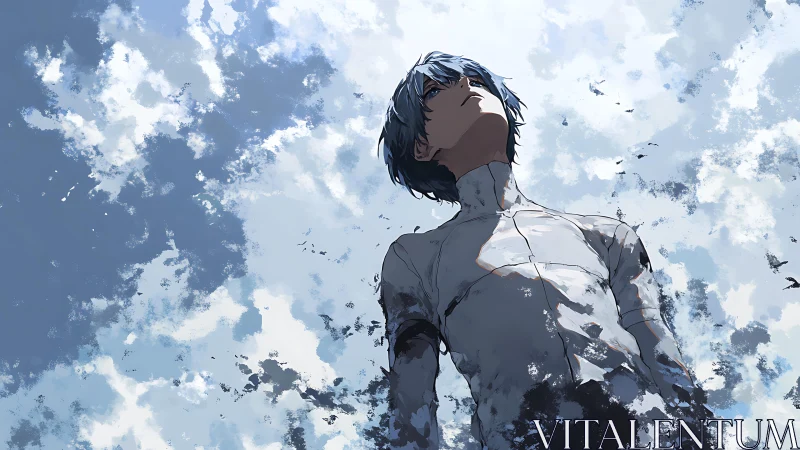 Anime low-angle sky portrait with dynamic cloud abstraction.