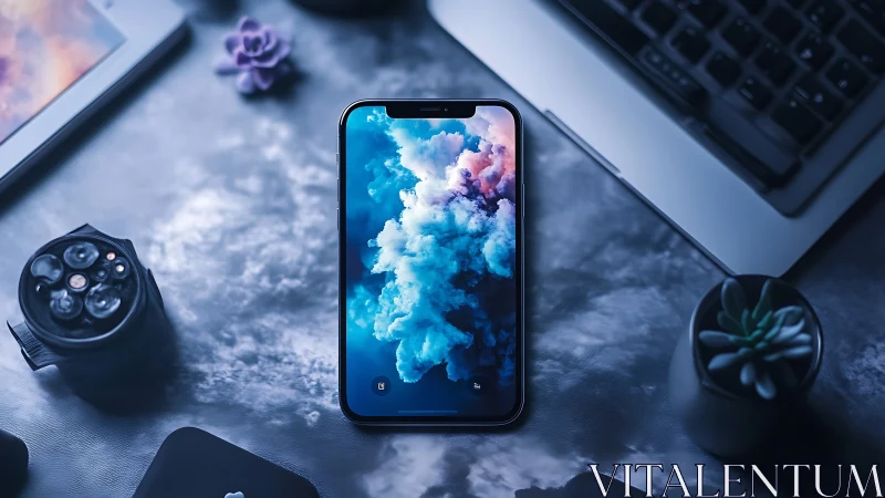 Cloud-charged smartphone quietly commands the cool-toned desk