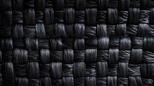 Close-up woven black fibers form a bold geometric grid pattern.