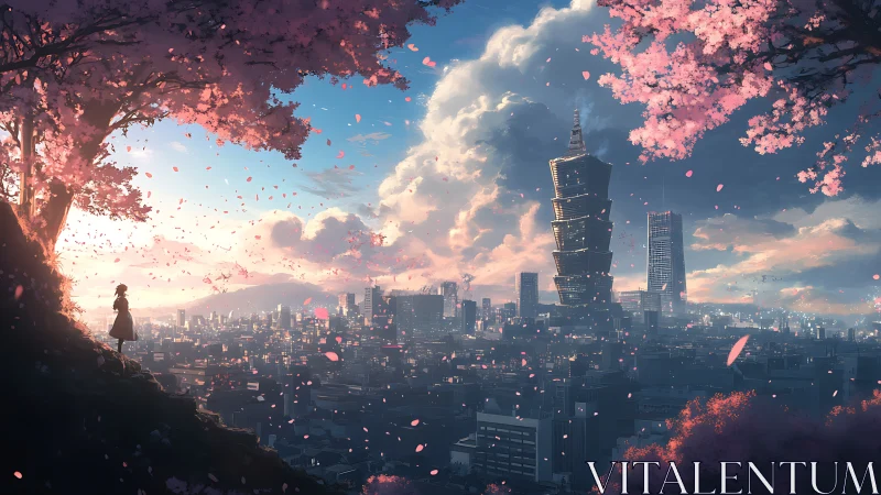 Girl observing futuristic city under pink cherry blossoms.