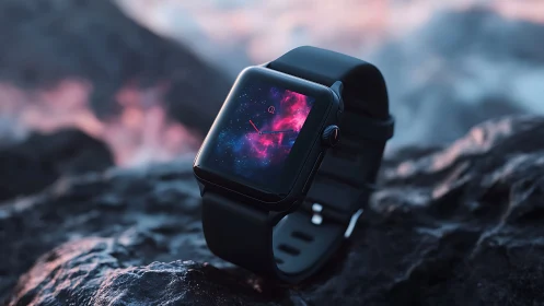 Smartwatch with cosmic display on rugged volcanic rock.