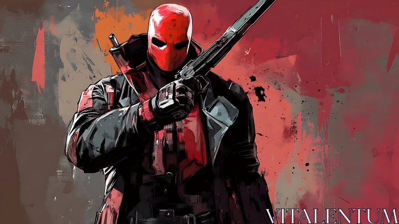 Digital painting of masked antihero with rifle on red ground.