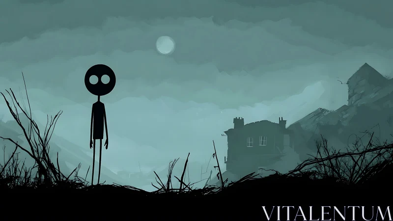 Quiet moonlit wanderer in a misty forgotten hillside world.