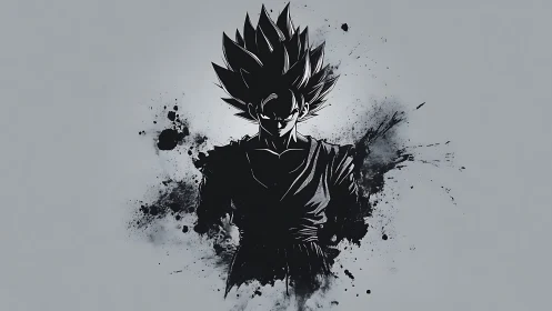 High-contrast ink-splatter silhouette of spiked-hair fighter.