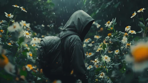 Hooded figure traversing rain-soaked daisy undergrowth at dusk.