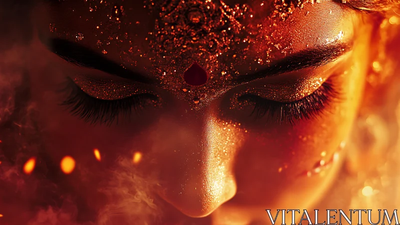 Close view shows ornamented face illuminated by warm light