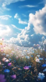Wildflower meadow under luminous clouds and vibrant blue sky.