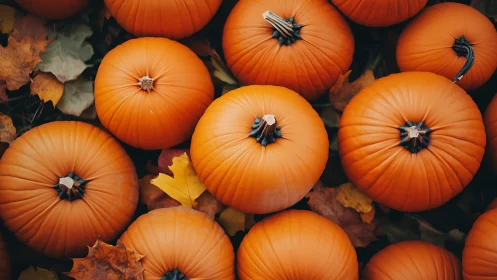 Cozy pumpkins nestled in crisp, colorful autumn leaves.