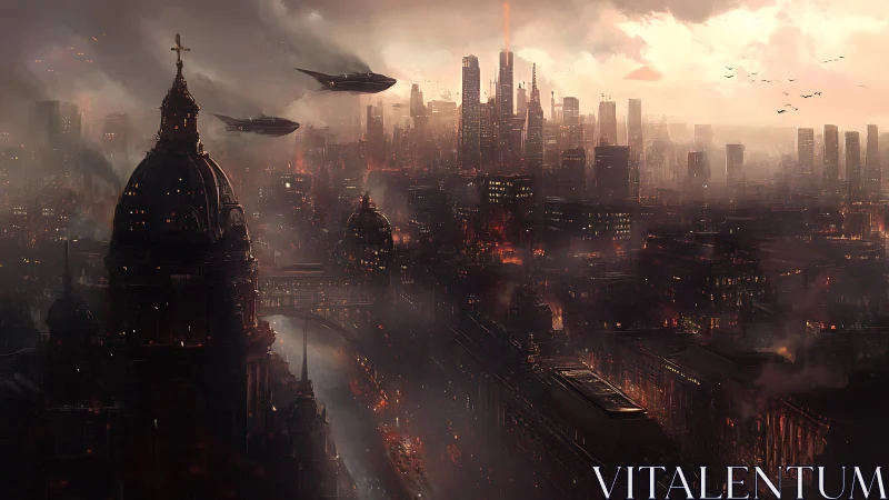 Twilight skyline where old domes meet quiet starships.