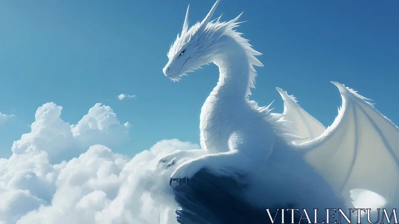 White dragon resting above bright sunlit cloud sea.