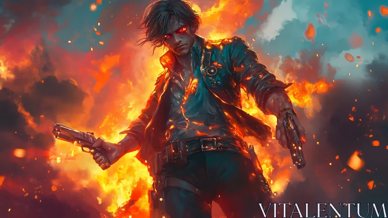 Incandescent gunfighter amid volumetric firestorm dynamics.