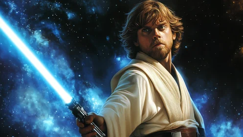 Jedi warrior with blue lightsaber against starry nebula.