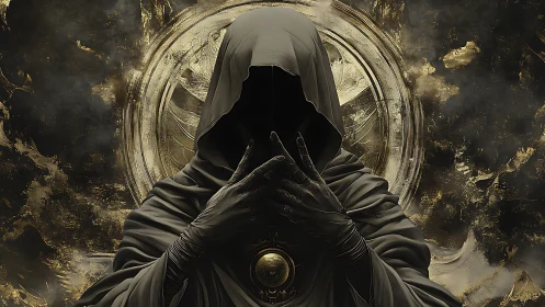 Hooded voidkeeper before a scorched celestial halo.