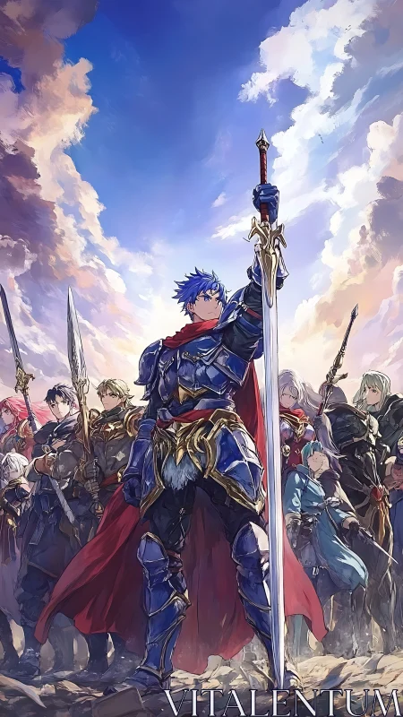 Blue armored hero leads fantasy warriors under bright sky.