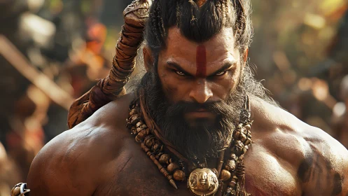 Hyperreal warrior portrait with dynamic lighting and muscular anatomy