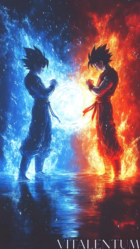 Fiery and icy warriors unite in a glowing elemental duel.