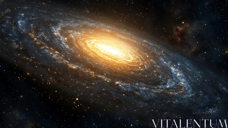 Golden spiral galaxy glows warmly in a lively starry night sky