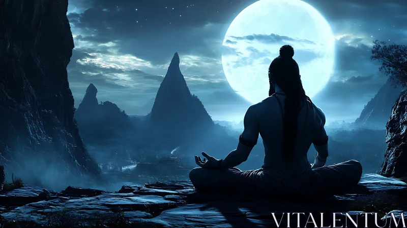 Meditating ascetic overlooks moonlit mountains and valley