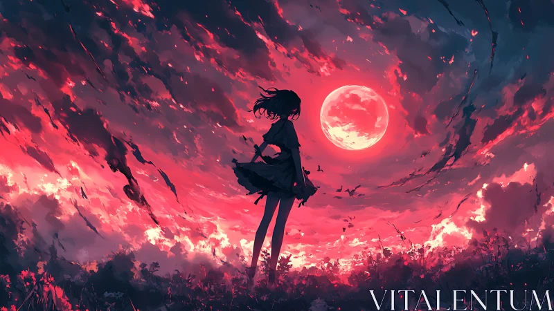 Silhouette of a figure stands before red moon and clouds