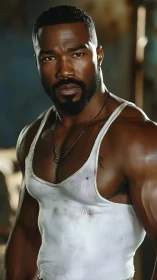 Muscular male subject in stained white tank top portrait.