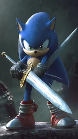 Blue hedgehog warrior poised with twin gleaming swords.