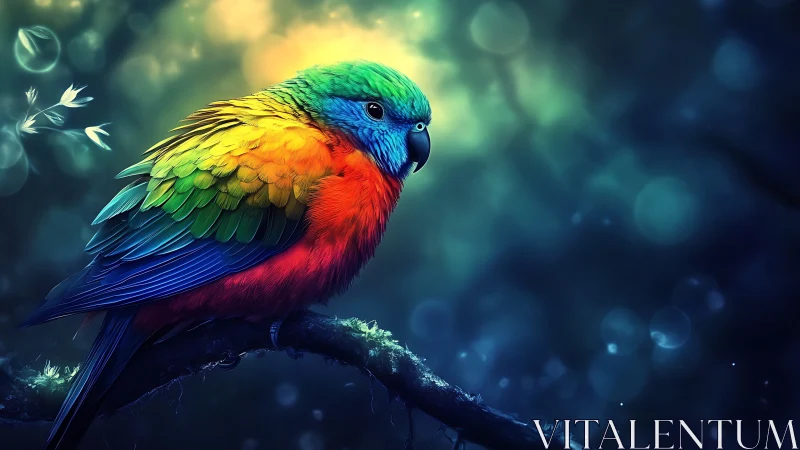 Vibrant Rainbow Parrot in Dreamy Forest, Digital Art Style.