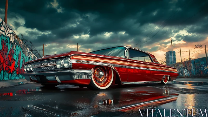 Lowrider car on wet urban street under stormy evening sky.