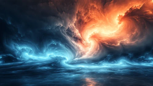 Fiery sky swirl meets cool ocean waves in glowing harmony.